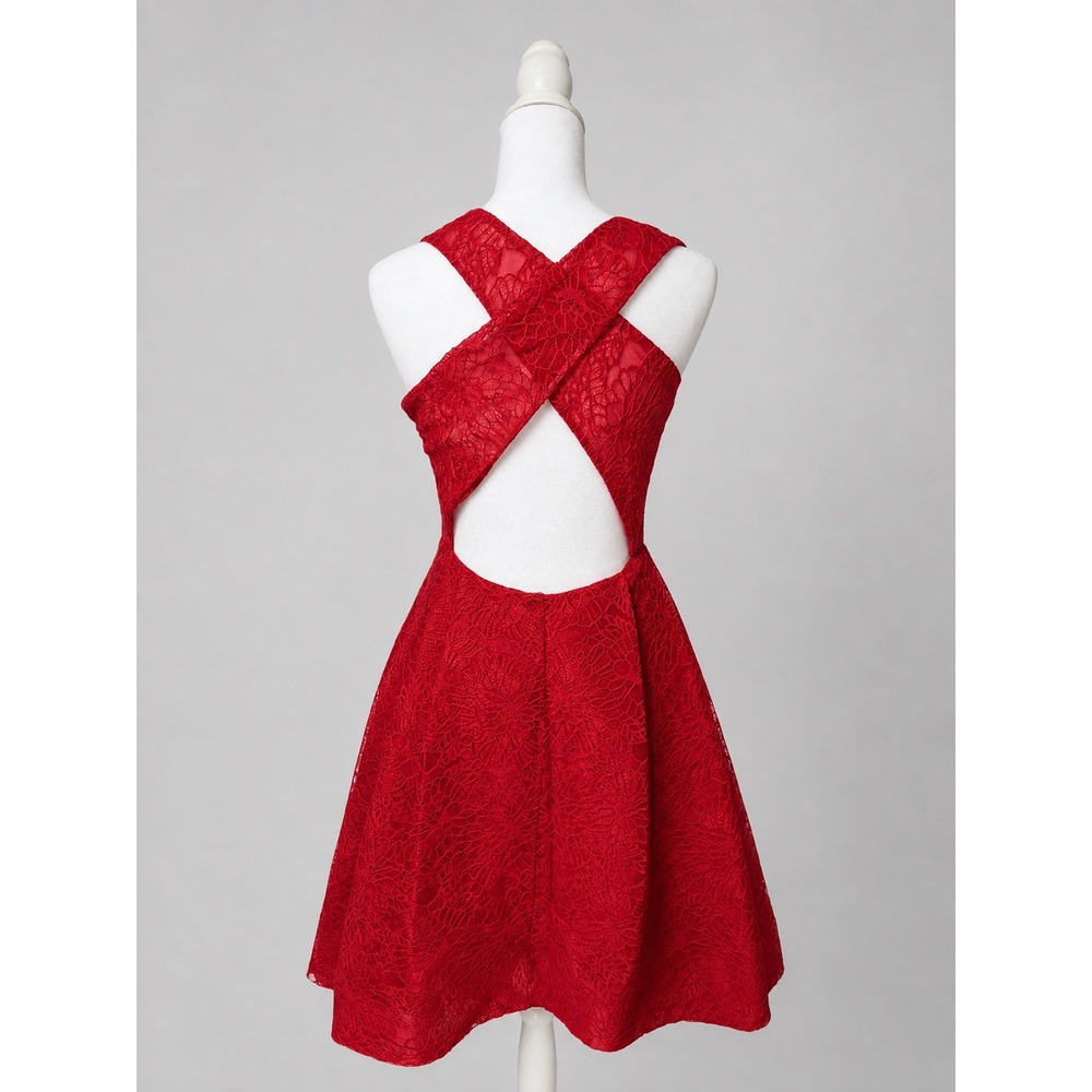 ML Monique Lhuillier Red Lace Open Back High Low Cocktail Dress Size 4 - Picture 2 of 5